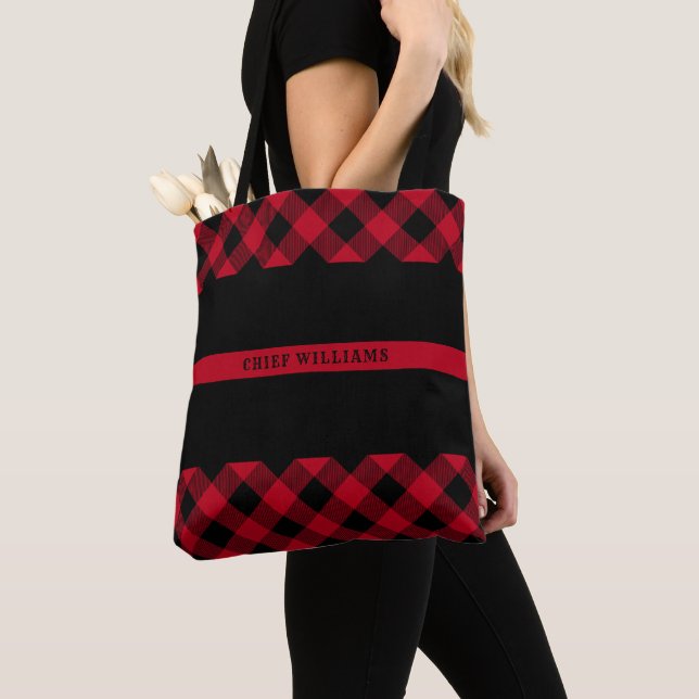 Tote Bag Ligne rouge mince monogramme de plaid de Buffalo (De près)