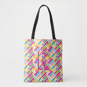 Tote Bag Lignes diagonales art d'arc-en-ciel de monogramme