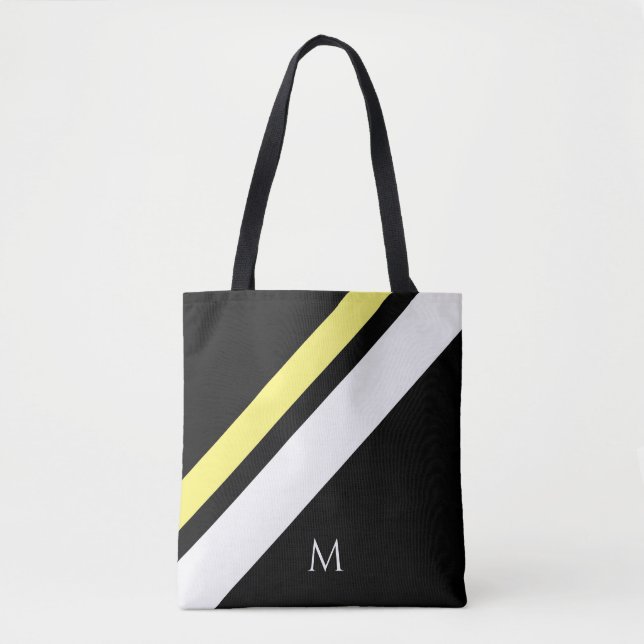 Tote Bag Lignes diagonales initiales personnalisées en noir (Devant)