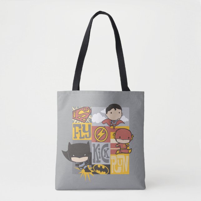 Tote Bag Ligue de justice de Chibi | Voler, Tirer, Exécuter (Devant)