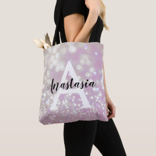 Tote Bag Lilac Girly Paillettes Brillantes Monogramme Nom