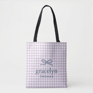 Tote Bag Lilac Violet Gingham Ruban Monogramme