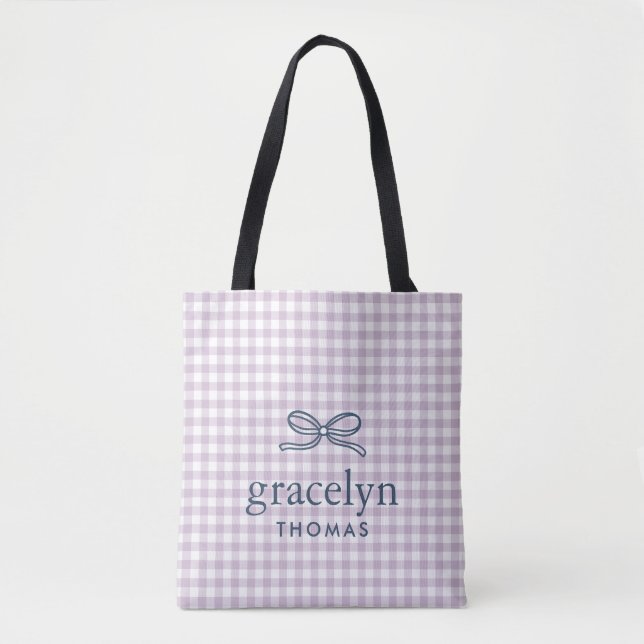Tote Bag Lilac Violet Gingham Ruban Monogramme (Devant)