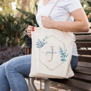 Tote Bag Lilac Watercolor Eucalyptus Frame Monogrammed