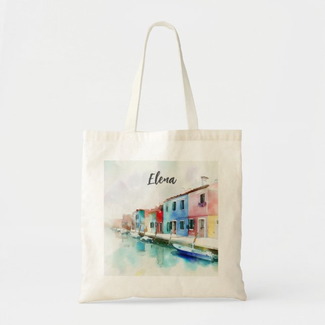 Tote Bag L'île de Burano près de Venise vue en aquarelle (Devant)