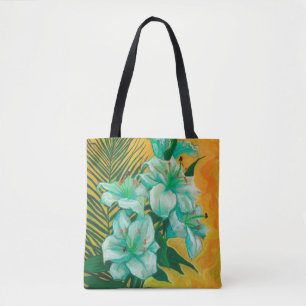 Tote Bag Lily Fleurs Feuille de palmier, peinture d'art flo