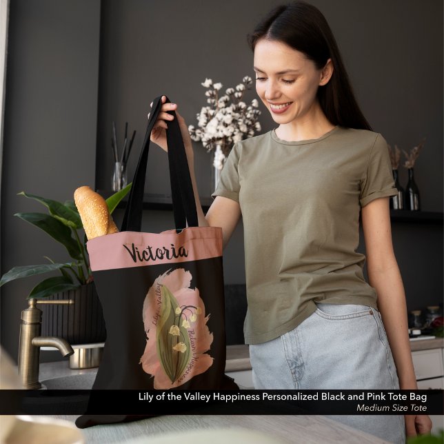 Tote Bag Lily of the Valley Happiness Personnalisé Black (Lily of the Valley: A Return to Happiness - Personalized Black and Pink Tote Bag)
