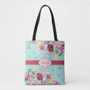 Tote Bag Lily & Peony Floral Aqua