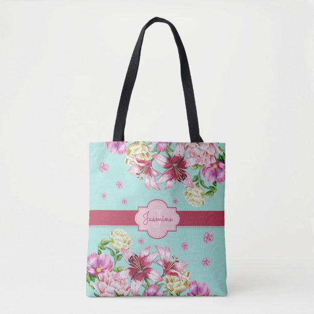 Tote Bag Lily & Peony Floral Aqua (Devant)