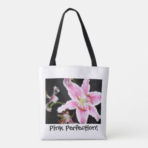 Tote Bag Lily rose   Fleur Lily rose délicate sur noir