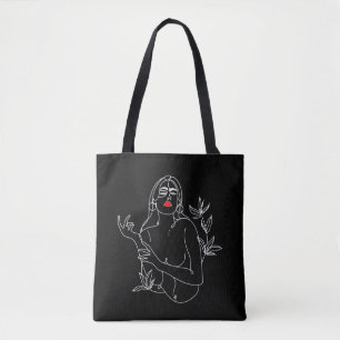 Tote Bag Line Art illustration. Femme en noir et blanc