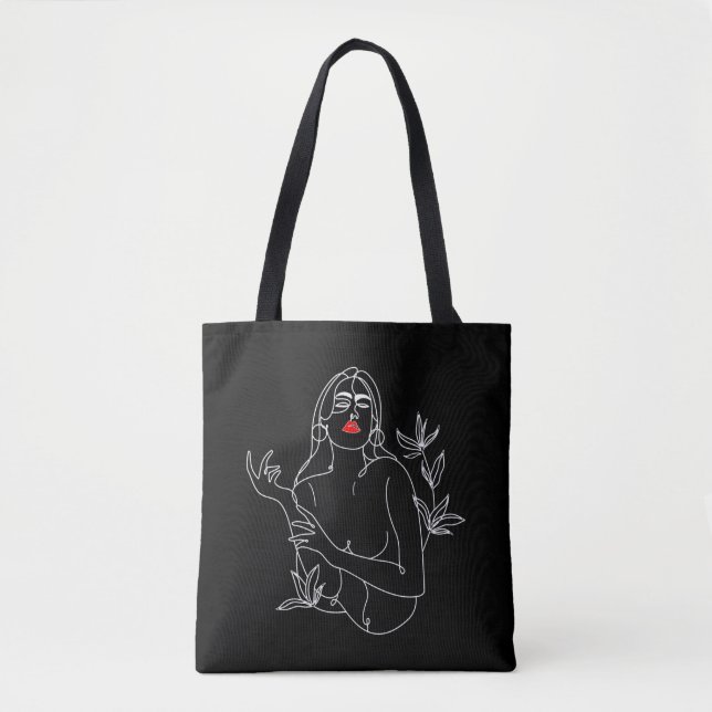 Tote Bag Line Art illustration. Femme en noir et blanc (Devant)