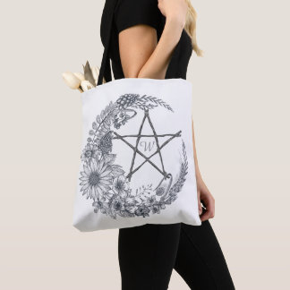 Tote Bag Lineart Flower Moon With Pentagram Monogram