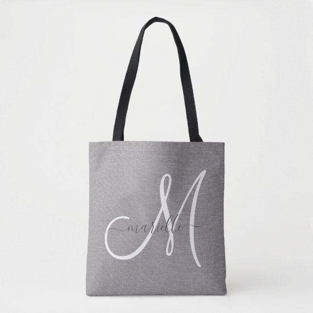 Tote Bag Linge gris monogramme blanc (Devant)