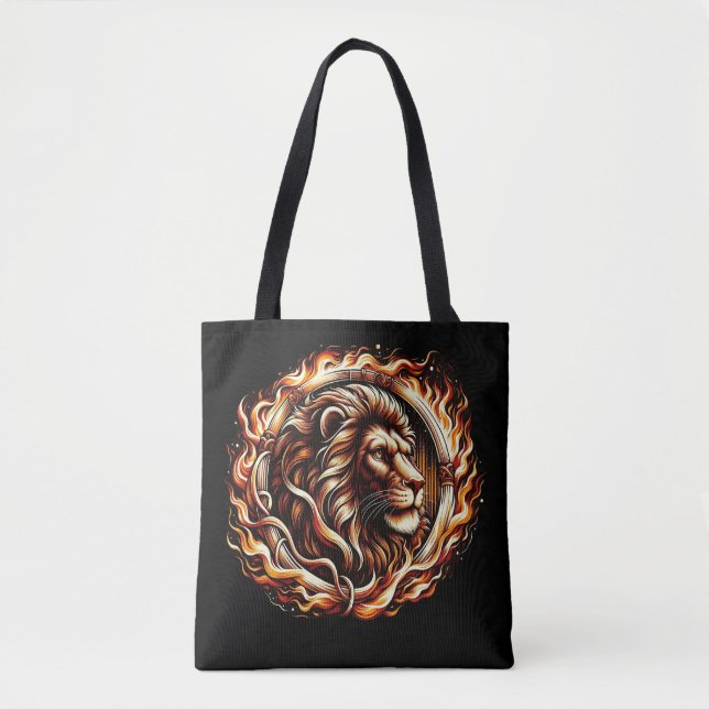 Tote Bag Lion flamboyant en anneau d'astrologie des flammes (Devant)