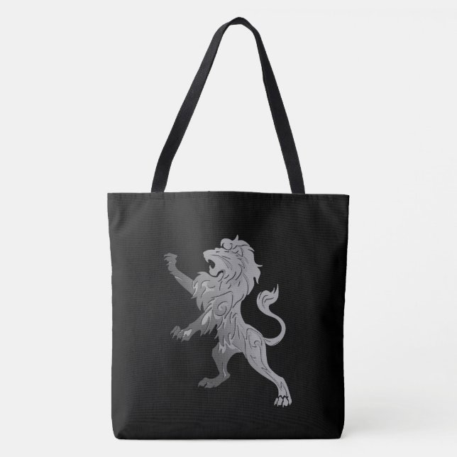 Tote Bag Lion Royal Argent sur Noir  (Devant)