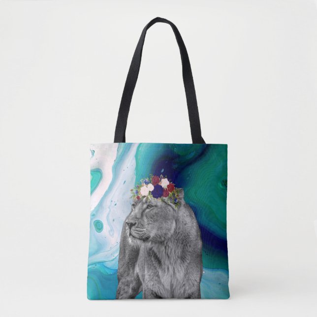 Tote Bag Lioness Lion Animal Girl Couronne colorée (Devant)