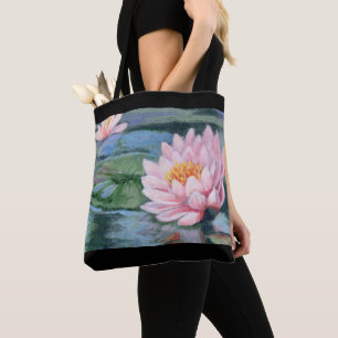 Tote Bag Lis roses sur des réflexions bleues les deux côt