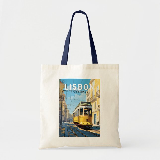 Tote Bag Lisbonne Portugal Jaune Tramway Voyage Art Vintage (Devant)