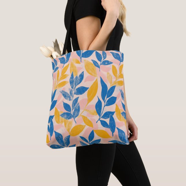 Tote Bag Lithographe Bleu, Jaune et rose Feuillage botaniqu (De près)