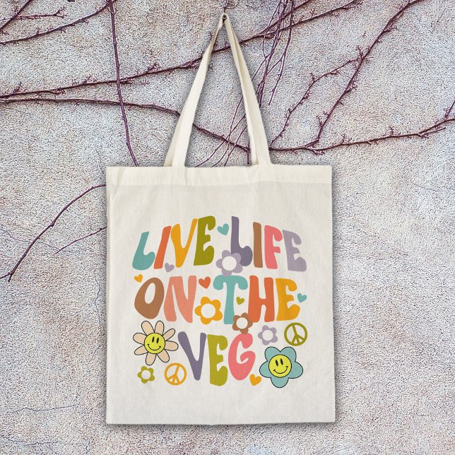 Tote Bag Live Life on the Veg, Fleurs tendance Retro Vegan (Créateur téléchargé)
