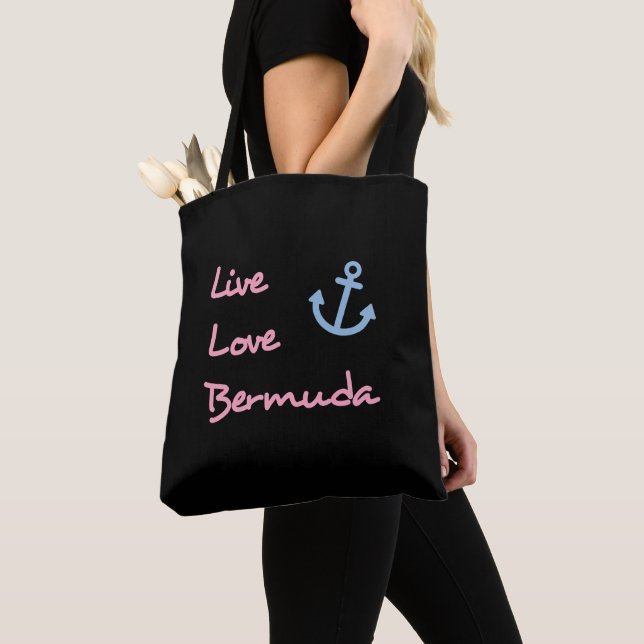 Tote Bag Live Love Bermuda Script Texte avec Ancre foncé (De près)
