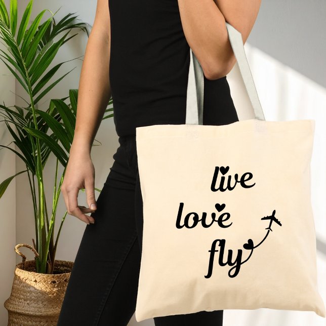 Tote Bag Live Love Fly Typographie & Coeurs, Avion Vol (Créateur téléchargé)