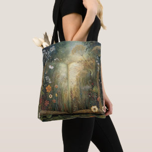 Tote Bag Livre de fantasy et fleurs Impression fantaisiste