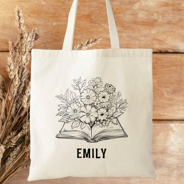 Tote Bag Livre noir et blanc moderne Lover Floral Livre (Créateur téléchargé)