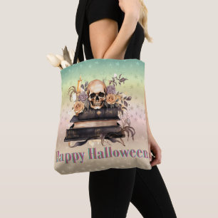 Tote Bag Livres de crânes Roses dorées et grises Joyeux Hal