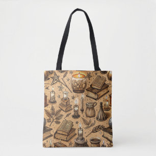 Tote Bag Livres de Sorcellerie Vintage & Motif de Bougies (