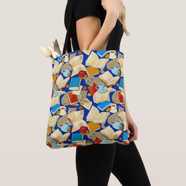 Tote Bag Livres et chats en bleu (De près)