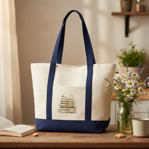 Tote Bag Livres vintage aquarelle et fleurs sauvages