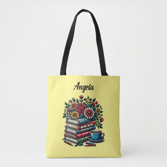 Tote Bag Livres Vintages personnalisés, café et fleurs (Devant)