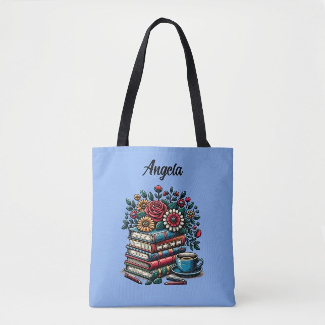 Tote Bag Livres Vintages personnalisés, café et fleurs (Devant)