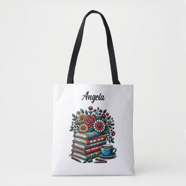 Tote Bag Livres Vintages personnalisés, café et fleurs (Devant)