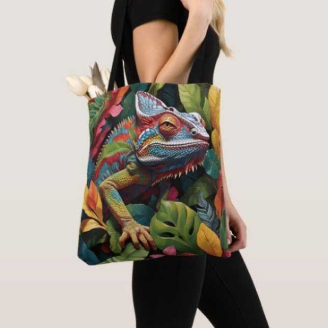 Tote Bag Lizard Leaves & Couleur (Colourful Lizard Tropical Jungle Art Travel Tote Bag, laminated  for extra support. Made in USA. 
)