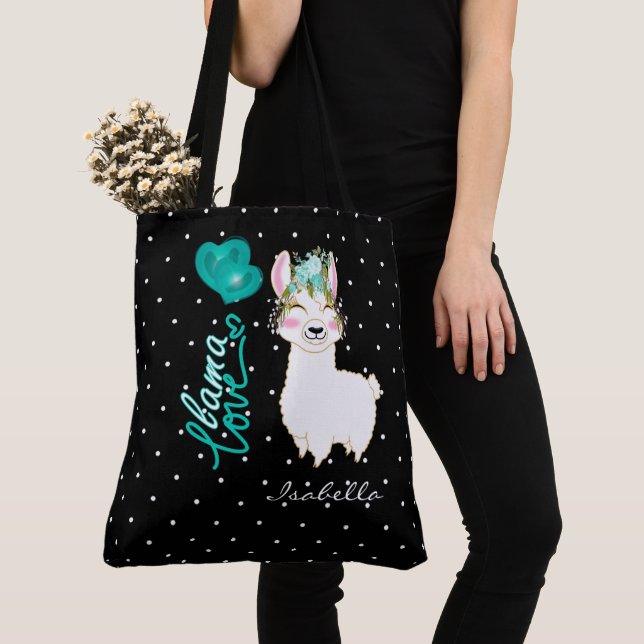 Tote Bag Llama Love - Turquoise (De près)