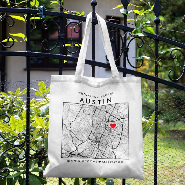 Tote Bag Localisateur d'amour Austin | Accueil du Mariage d (The more complete visual of what your final Austin Map tote bag would look like in real life.)