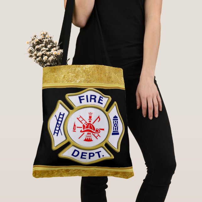 Tote Bag Logo du service d'incendie Bleu et blanc Badge or (De près)