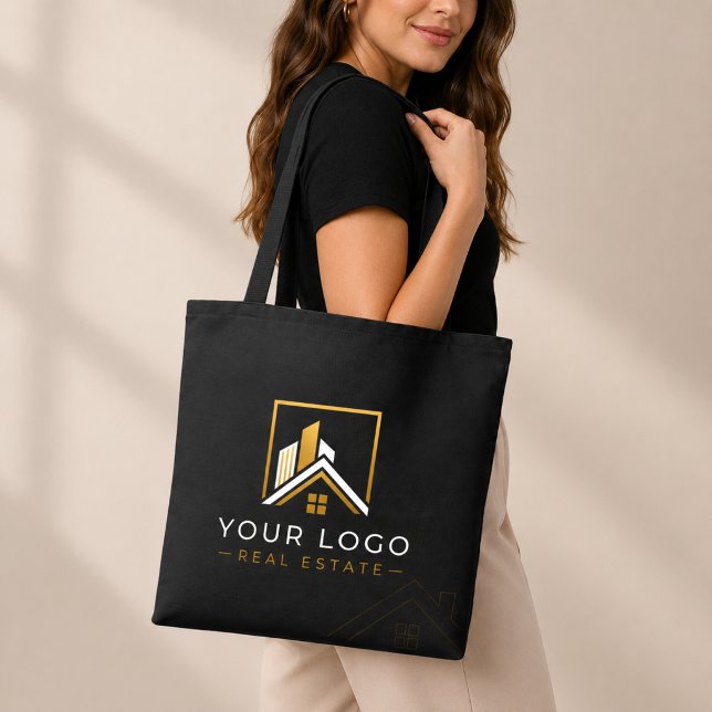 Tote Bag Logo Immobilier Or Noir Luxe (Luxury Real Estate Tote Bag for Realtor Branding | Black Gold Logo Design)