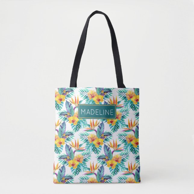 Tote Bag L'oiseau du paradis et le motif | d'orchidée (Devant)