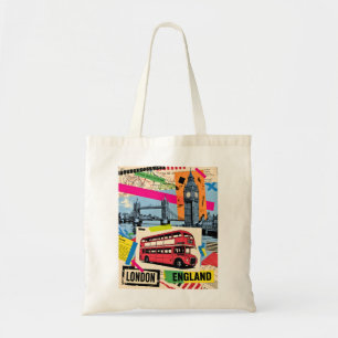 Tote Bag Londres Angleterre Art Pop Rétro Voyage en Bus Vin
