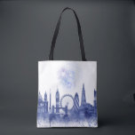 Tote Bag Londres Skyline - Aquarelle bleue<br><div class="desc">London Skyline Watercolor Splash Blue par Fab Funky. Il présente des sites célèbres de Londres dans un style aquarelle.</div>