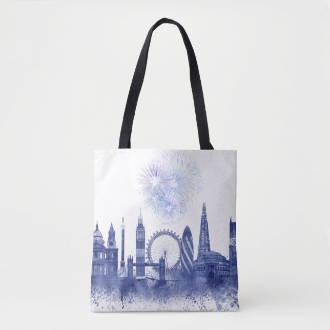 Tote Bag Londres Skyline - Aquarelle bleue (Devant)