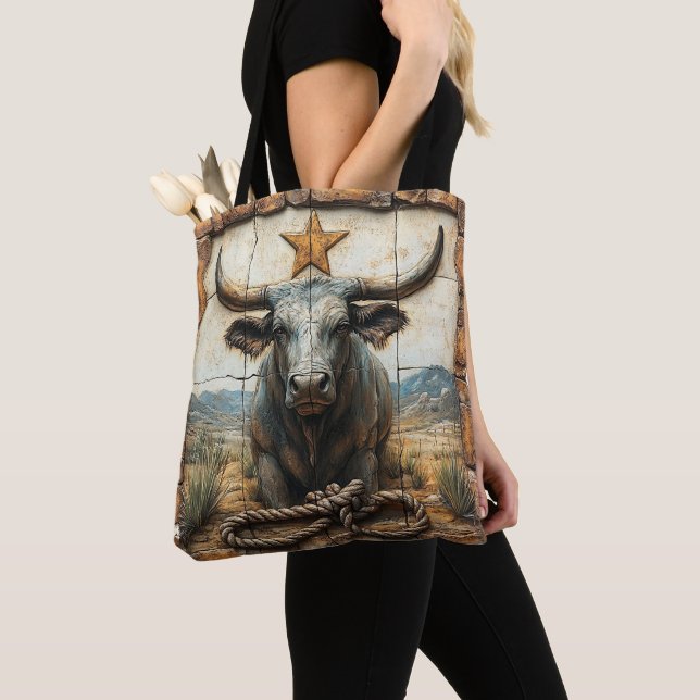 Tote Bag Longhorn Bull Rope Gold Star Desert Mounts (De près)