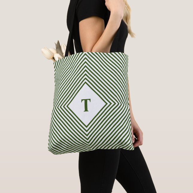 Tote Bag Losanges verts rayonnants avec monogramme central (De près)