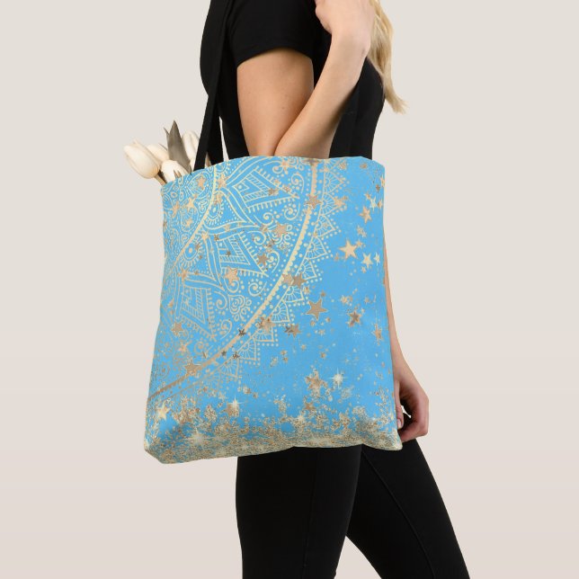 Tote Bag Lotus Mandala avec Gold Stars sur Turquoise (De près)