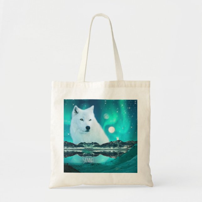 Tote Bag Loup arctique et nuit magique avec aurores boréale (Devant)