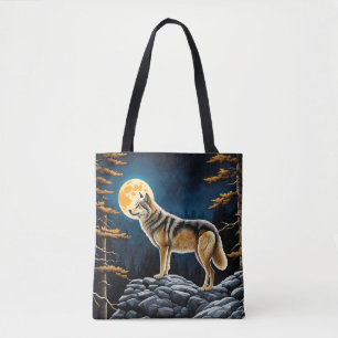 Tote Bag Loup dans la forêt avec lune jaune
